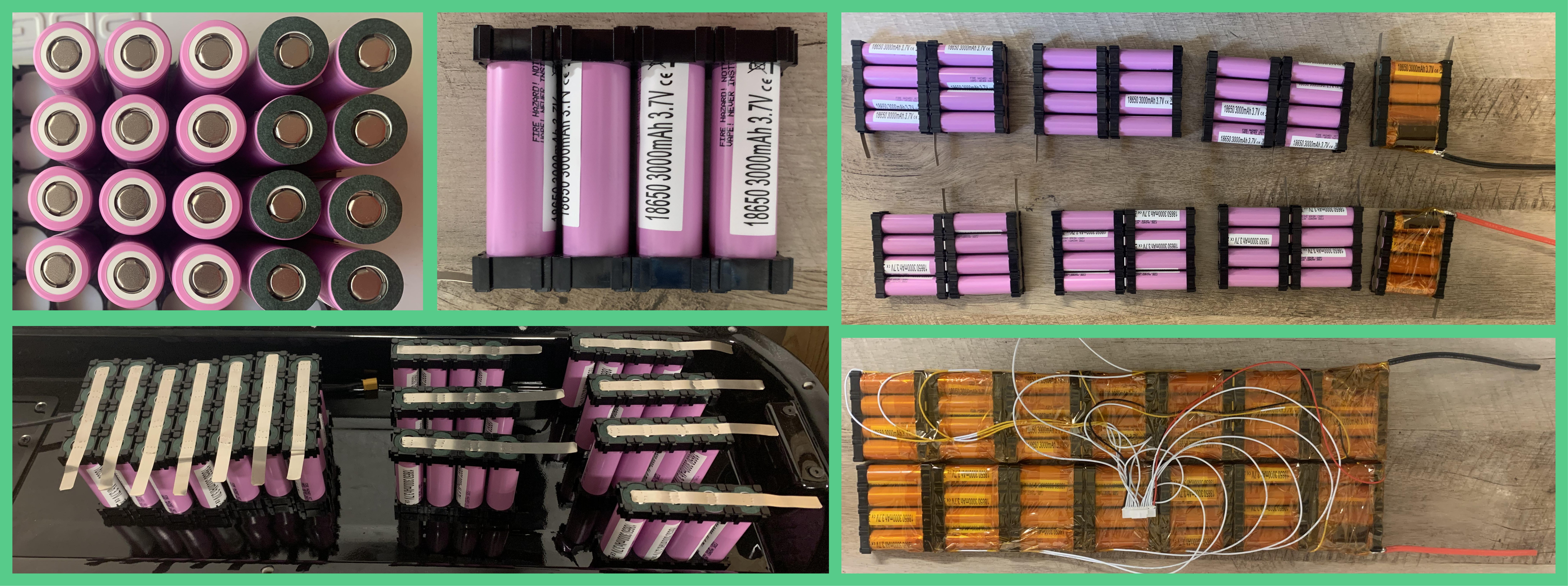 Battery build progression. The top left shows individual cells and the image to the right shows a single parallel connection. The bottom left image is all of the parallel cell groups (14 total). In the top right image the terminal leads are added. The bottom right image is the final battery pack. The white wires are balancing wires for a BMS circuit.