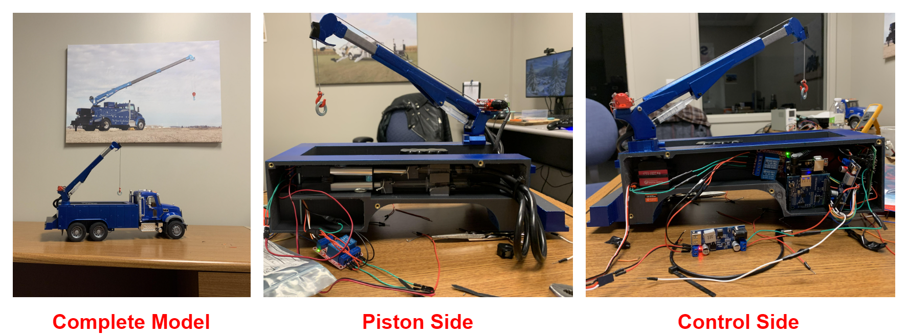 Stellar Mini Model: The “piston side” image shows two linear actuators that push two syringes inside the truck body. The syringes are connected to tubes that connect to the tips of other syringes that extend or boom the crane arm. The “control side” houses an Arduino that connects to a USB host shield and a bluetooth dongle. The dongle connects to a PS4 controller for operation. The servo in the far left of the “Control Side” image rotates the crane arm. GPIO pins on the Arduino control relays that control the servo and linear actuators. Voltage regulators are used to step down the voltage of the battery for the Arduino and servo.