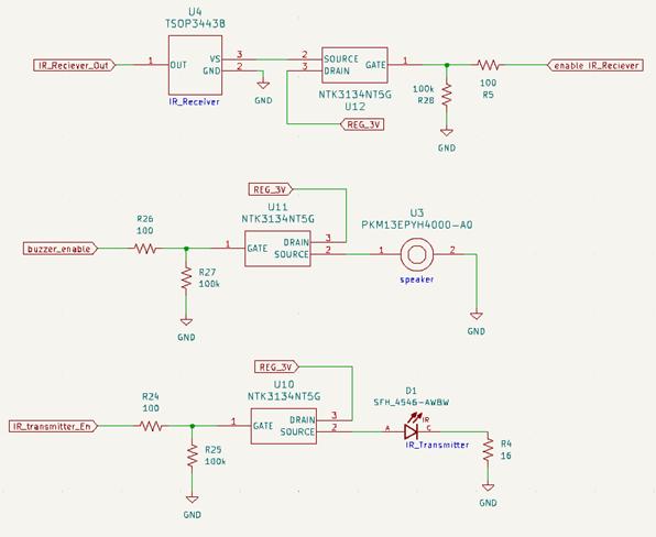 Figure 9: The top circuit in the image is for the IR receiver, the middle circuit is for the buzzer, and the bottom circuit is for the IR transmitter.