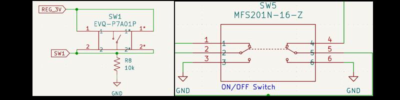 Figure 4: Image on the left shows a schematic of 1 of the push buttons used in the circuit. There are 4 total pushbuttons. The other 3 have nearly identical  circuits, except that the button output  goes to a different pin on the microcontroller. The image on the right shows the ON?OFF switch for the entire circuit.