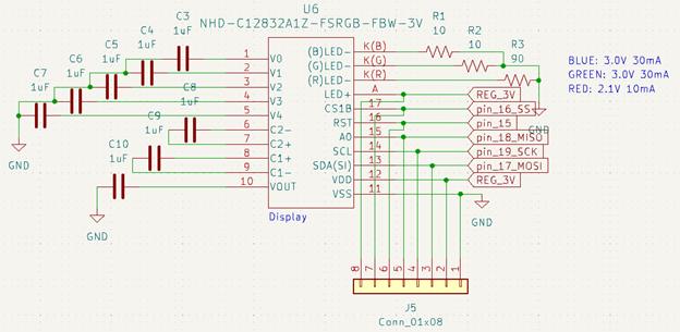 Figure 5: Circuit diagram of the LCD display. The resistor and capacitor connections were based on recommendations from the datasheet. Pins 11 through “A” on the LCD connect to the microcontroller. The J5 connector allows for the LCD to connect to a device external to the PCB.