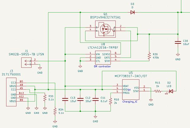 Figure 6: Control circuit for battery charging. J1 connects to the battery, and J2 connects to the continuous power supply for charging. U5 is the charging IC. U8 is the OR controller and Q1 is a P-channel MOSFET.
