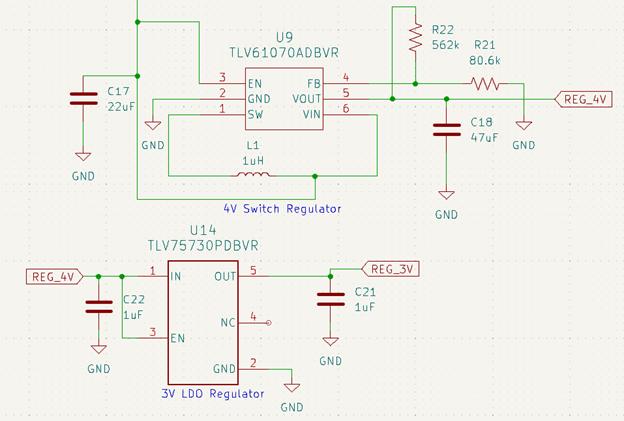 Figure 7: U9 is a 4V switching regulator and U14 is a 3V LDO regulator. The circuit works using the 3V supply provided by U14