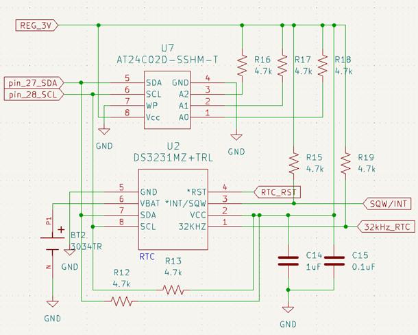 Figure 8: Circuit diagram for the real time clock (RTC). Pin 6 of U2 connects to the backup battery.  U2 is the IC that keeps track of the real time. U7 is an EEPROM (electrically erasable programmable read-only memory) IC.